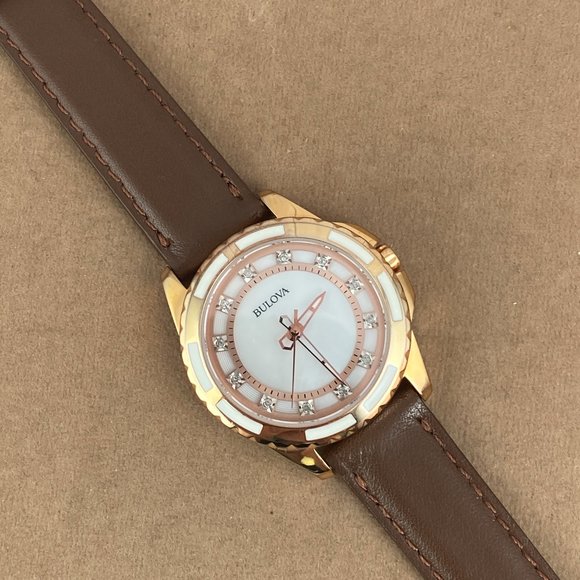 Bulova 2 Tone White Enamel and Rose Gold Crystal Dial New Brown Leather Strap main image 6